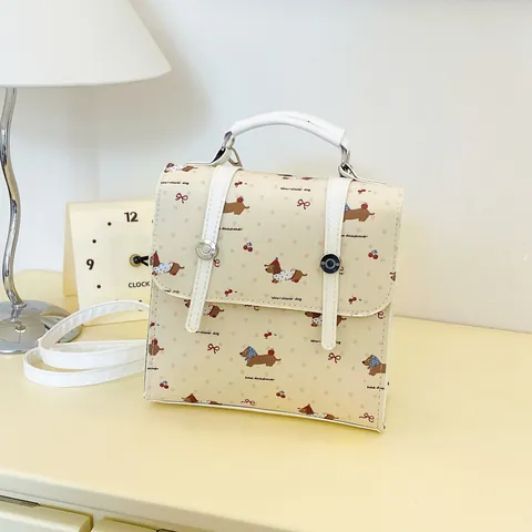 Cartoon Dackel Druck PU Leder Mini Rucksack Für Damen Süße Kirsche Schleife Muster Handtasche Kleine Reise Umhängetasche