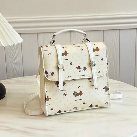 Cartoon Dackel Druck PU Leder Mini Rucksack Für Damen Süße Kirsche Schleife Muster Handtasche Kleine Reise Umhängetasche