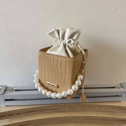 Women Woven Bucket Bag With Artificial Pearl Handle Fashion PU Leather Drawstring Crossbody Shoulder Bag Small Designer Handbag Purse