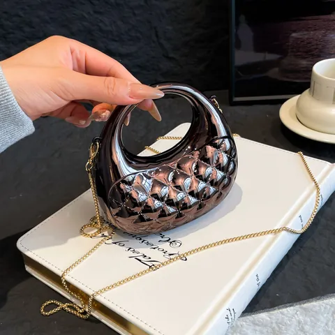 Women Acrylic Quilted Chain Crossbody Bag Metallic Texture Evening Clutch Banquet Mini Handbag With Round Handle