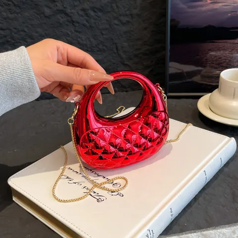 Women Acrylic Quilted Chain Crossbody Bag Metallic Texture Evening Clutch Banquet Mini Handbag With Round Handle