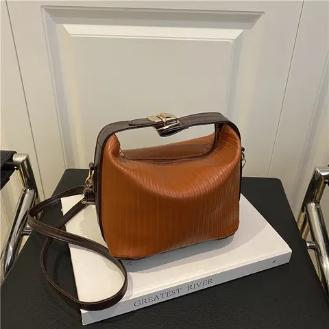 Bolso Bandolera Plisado para Mujer Cuero PU Bolso de Mano Rayas Verticales Bolso Cuadrado Pequeño Color Contraste Correa