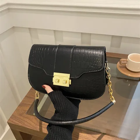 Women Crocodile Pattern PU Leather Crossbody Bag Gold Chain Strap Vintage Shoulder Underarm Square Bag For Everyday Fashion