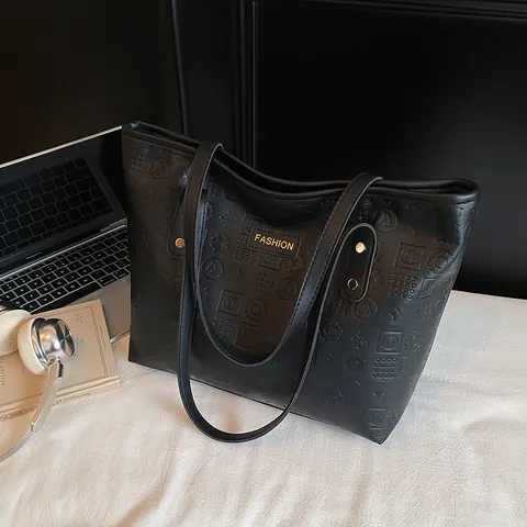 Women Large Capacity PU Leather Embossed Tote Bag Fashion Letter Pattern Shoulder Bag Casual Commuter Office Handbag For Lady