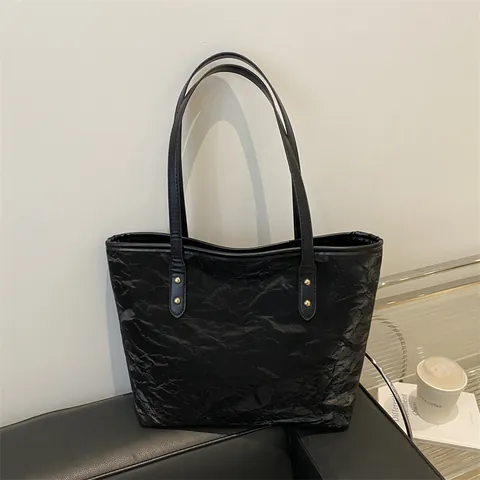 Vintage Crinkled Texture Large Capacity Tote Bag For Women PU Leather Shoulder Bag With Gold Rivets Commuter Handbag