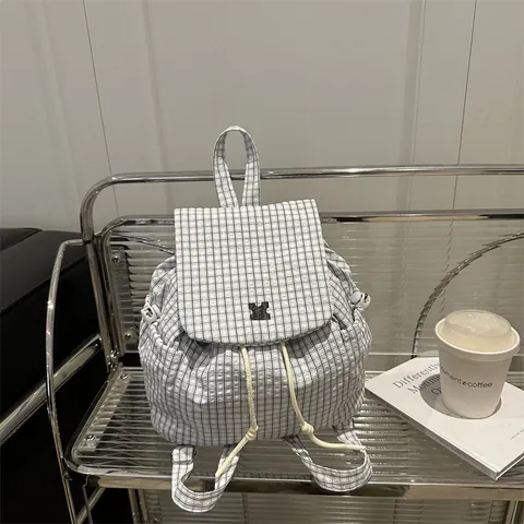 Mochila de Cuadros de Moda de Gran Capacidad con Cordón y Tapa Para Uso Diario Casual Escuela Viajes Mochila de Mujer Verano 2025