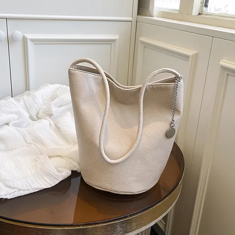 Sac Seau Minimaliste en Cuir PU pour Femmes Grande Capacité Motif Litchi Sac à Épaule Style Coréen Quotidien Travail
