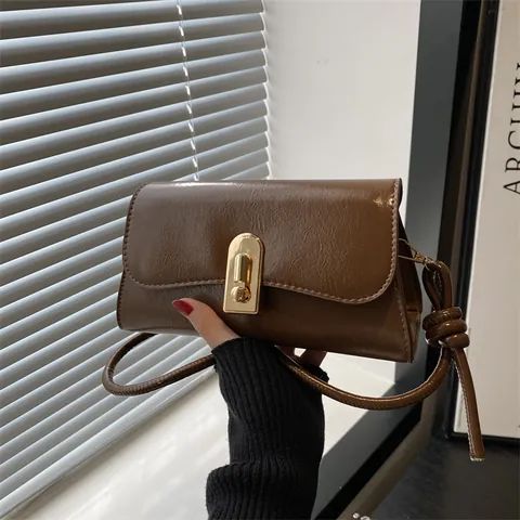 Bolso de Hombro de Cuero PU Retro para Mujer Bolso de Axila Baguette de Color Sólido Minimalista Con Cerradura de Oro