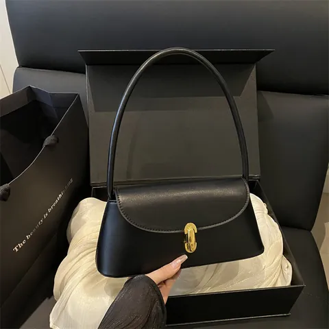 Bolso de Axila Vintage Minimalista para Mujer Cuero PU Color Sólido Bolso Baguette Con Cierre de Metal Dorado Bolso de Hombro Moda