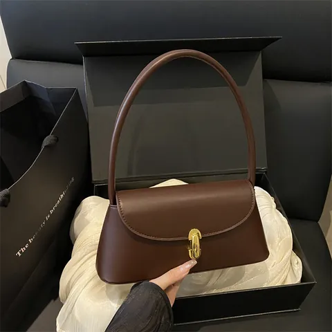 Bolso de Axila Vintage Minimalista para Mujer Cuero PU Color Sólido Bolso Baguette Con Cierre de Metal Dorado Bolso de Hombro Moda