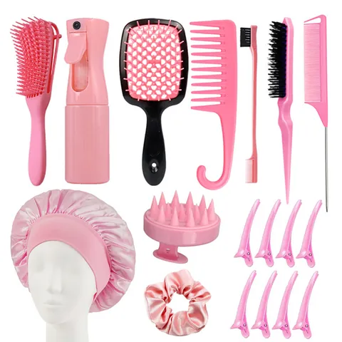 Professional Hair Styling Set Detangling Brush Vent Brush Scalp Massage Brush Spray Bottle Satin Sleep Cap For Women