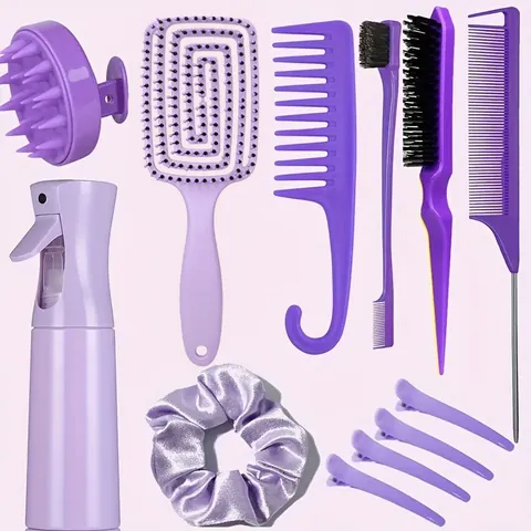 Collection d'Outils de Coiffure Professionnelle Femme Peigne Démêlant Évidé Brosse Massage Cuir Chevelu Bouteille Spray Pinces à Cheveux Chouchou pour Cheveux Bouclés Épais