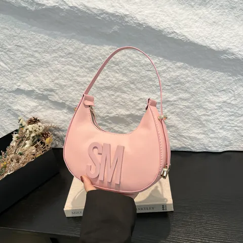 Fashion PU Leather Hobo Underarm Bag For Women Urban Minimalist Solid Color Letter Print Dumpling Bag With Gold Hardware