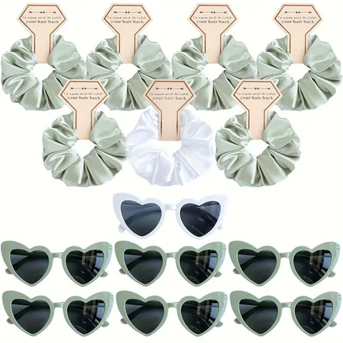 Juego de Coletero de Satén Efecto Seda y Gafas de Sol con Forma de Corazón para Boda Fiesta Regalo Damas de Honor Accesorios Cabello
