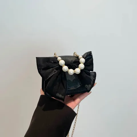 Elegant Women Mini Crossbody Bag With Large Mesh Bow Artificial Pearl Handle Litchi Texture PU Leather Gold Chain Shoulder Bag For Party