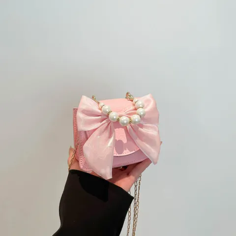Elegant Women Mini Crossbody Bag With Large Mesh Bow Artificial Pearl Handle Litchi Texture PU Leather Gold Chain Shoulder Bag For Party