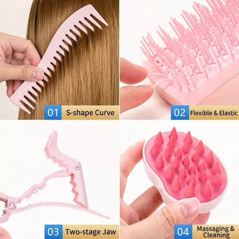 Pink Hair Care Set With Detangling Comb Scalp Massage Brush Continuous Spray Bottle Hair Clips And Satin Storage Bag ABS PET Material