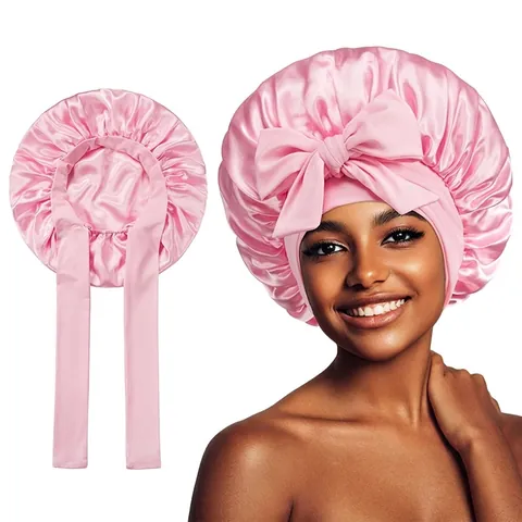 Bonnet de Nuit en Satin pour Femmes Avec Grand Nœud Lien Ajustable Protection Cheveux Longs Bouclés Chapeau de Sommeil