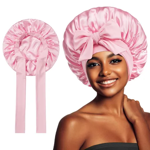 Bonnet de Nuit en Satin pour Femmes Avec Grand Nœud Lien Ajustable Protection Cheveux Longs Bouclés Chapeau de Sommeil