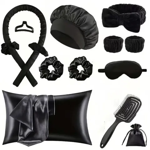 Set Arricciacapelli Senza Calore in Raso Con Cuffia Mascherina Federa Elastici Fascia Polsini Pettine per Bellezza Notturna Donna