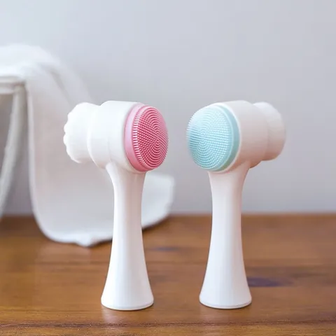 Brosse de Nettoyage Faciale Manuelle Double Face Silicone Poils Souples Nettoyage en Profondeur Massage Poignée Ergonomique