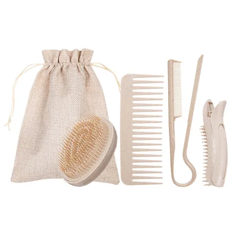 Collezione di Spazzole per Capelli in Paglia di Grano Ecologica Include Spazzola Massaggiante Pettine a Denti Larghi Pettine a Coda Molletta e Borsa in Lino