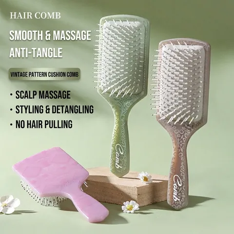 Vintage Totem Quadratische Luftkissen Haarbürste Entwirrende Massage Kamm Mit Spitze Blumenmuster Für Damen Haarstyling Detangler