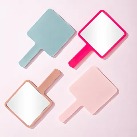 Handheld Square Makeup Mirror Portable High Definition Handle Mirror Minimalist Plastic Frame Beauty Tool For Home Travel Women