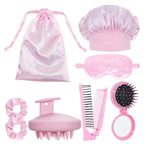 Pink Hair Care Kit Satin Sleep Cap Eye Mask Hair Brushes Scalp Massager Collection For Women Home Travel Hair Care Combination