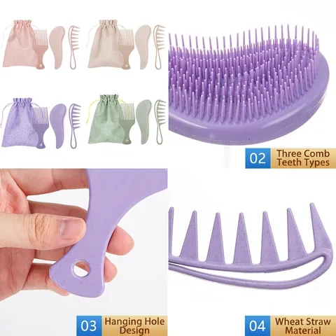 Wheat Straw Hair Comb Set Detangling Brush Scalp Massage Comb Pick Wide Tooth Comb With Linen Bag For Women Home Travel