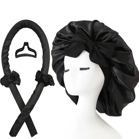 Set Bigodini Senza Calore Con Cuffia Da Notte In Raso Elastici E Fermaglio Per Capelli Lunghi Durante La Notte Senza Calore Nastro In Raso Di Seta Strumenti Per Lo Styling Donna