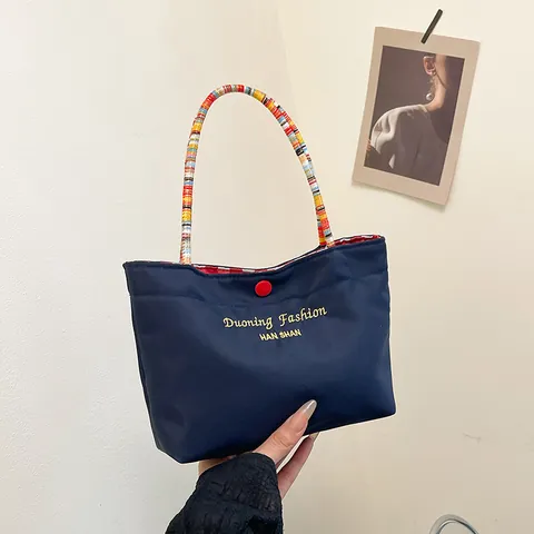 Letter Print Tote Bag With Colorful Beaded Handle Women Small Fabric Handbag Duoning Fashion American Vintage Daily Commute Bag