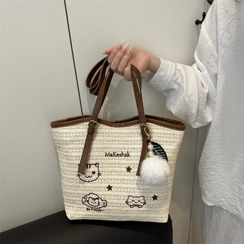 Dames Casual Stro Geweven Tote Tas Cartoon Kat Borduurwerk Pompon Bedeltje Grote Capaciteit Schoudertas Strand Handtas