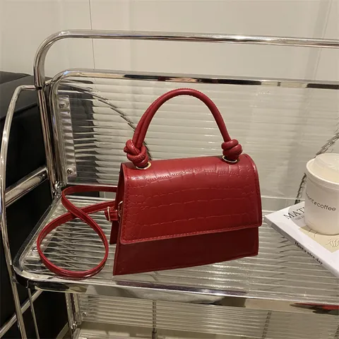 Petit Sac Carré en Cuir PU Motif Crocodile pour Femmes Poignée à Nœud Vintage Sac Bandoulière à Rabat Sac à Main Mode