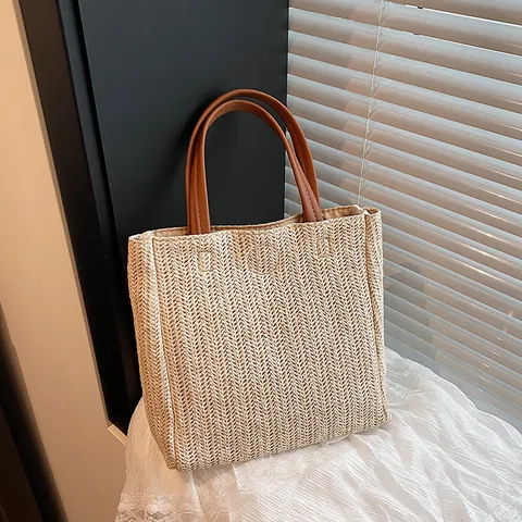 Dames Casual Stro Geweven Tote Tas Minimalistische Visgraat Strandtas Met PU Leren Handvat Zomer Vakantie Handtas