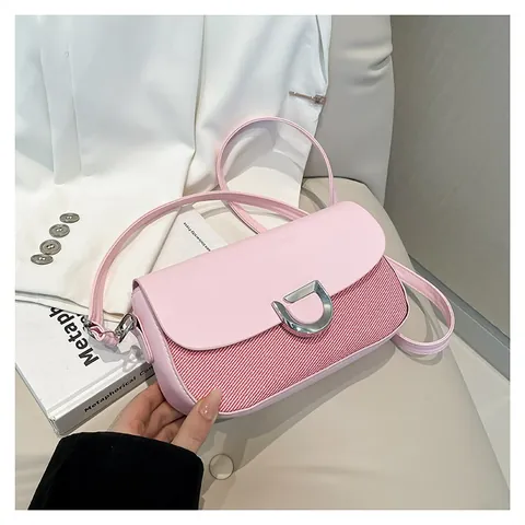 Fashion Women Minimalist Shoulder Bag PU Leather Fabric Splicing Crossbody Bag Metal Buckle Underarm Bag Trendy Daily Purse