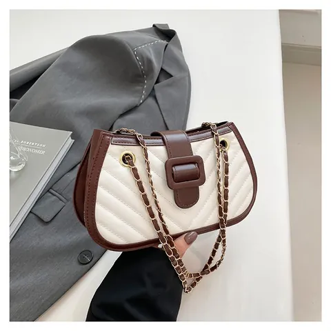 Bolso de Axila para Mujer Acolchado en V Cuero PU Contraste de Color Cadena de Metal Bolso de Hombro Moda