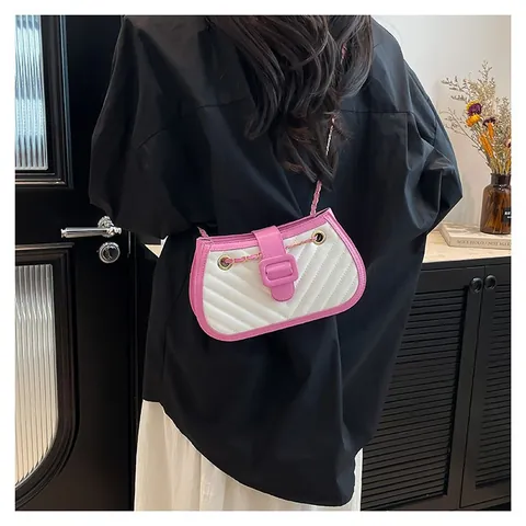 Bolso de Axila para Mujer Acolchado en V Cuero PU Contraste de Color Cadena de Metal Bolso de Hombro Moda