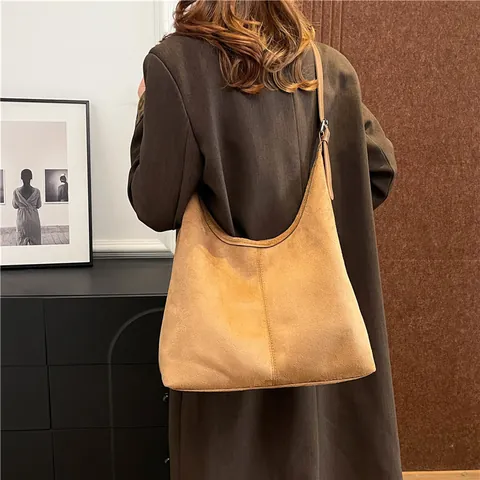 Vintage Suede Hobo Bag For Women Large Capacity Shoulder Tote Bag With Pouch Retro Solid Color Everyday Messenger Bag