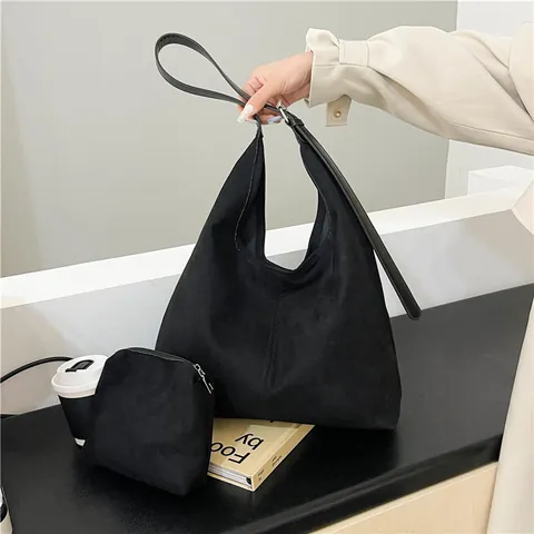 Vintage Suede Hobo Bag For Women Large Capacity Shoulder Tote Bag With Pouch Retro Solid Color Everyday Messenger Bag