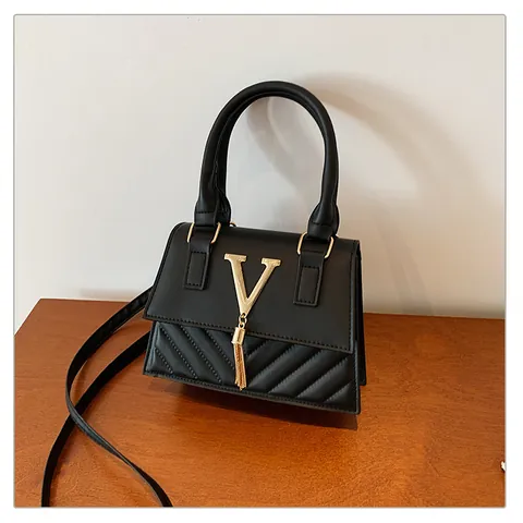 Bolso de Mano Pequeño Cuadrado de Moda para Mujer Cuero Sintético Acolchado Bandolera Con Logo V de Metal y Borla Decorativo