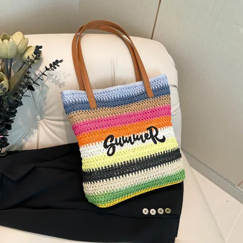 Dames Kleurrijke Gestreepte Geweven Stro Tote Bag Met Summer Borduurwerk PU Leren Handvat Grote Capaciteit Casual Strand Schoudertas Vakantie Tas