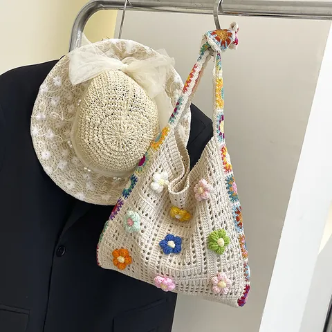Handgemaakte Gehaakte Bloemen Tote Bag Geweven Katoenen Garen Schoudertas Voor Dames Zomervakantie Strand Etnische Gebreide Tas