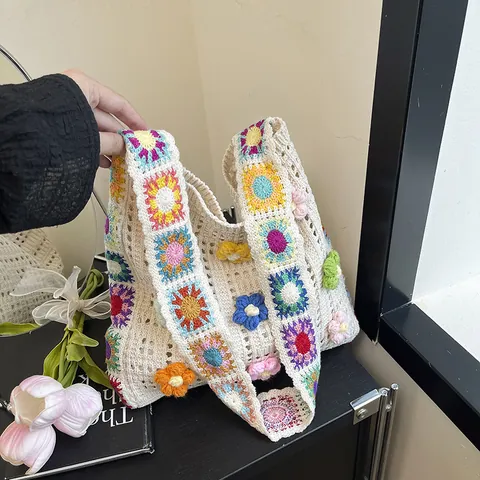 Handgemaakte Gehaakte Bloemen Tote Bag Geweven Katoenen Garen Schoudertas Voor Dames Zomervakantie Strand Etnische Gebreide Tas