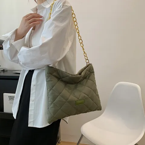 Women Rhombic Quilted Shoulder Bag Large Capacity Nylon PU Tote Bag With Golden Chunky Chain Strap Daily Crossbody Bag