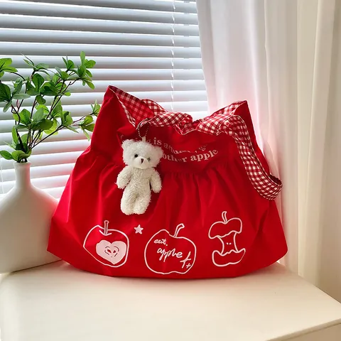 Women's Large Capacity Canvas Tote Bag Red Travel Handbag With Apple Print Gingham Shoulder Straps And Teddy Bear Pendant Cute Casual Shoulder Bag