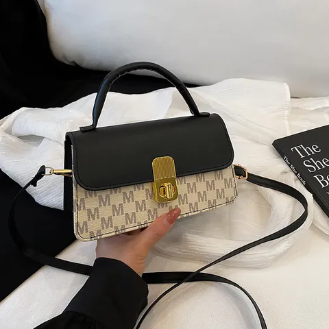 Bolso Cuadrado Pequeño Vintage para Mujer con Estampado de Letras Monograma Cuero PU Bloques de Color Bandolera Cierre Metálico