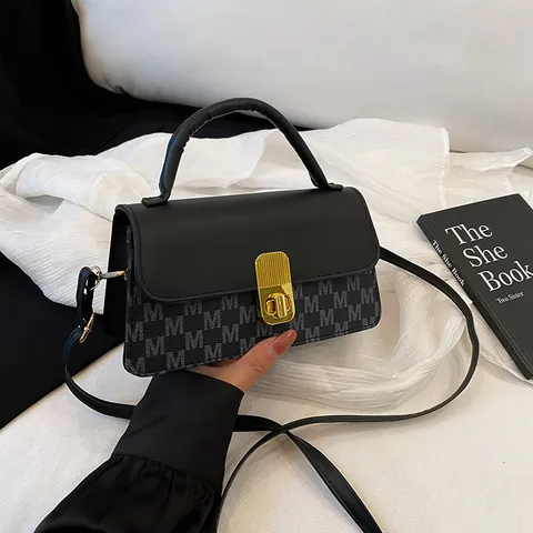 Bolso Cuadrado Pequeño Vintage para Mujer con Estampado de Letras Monograma Cuero PU Bloques de Color Bandolera Cierre Metálico