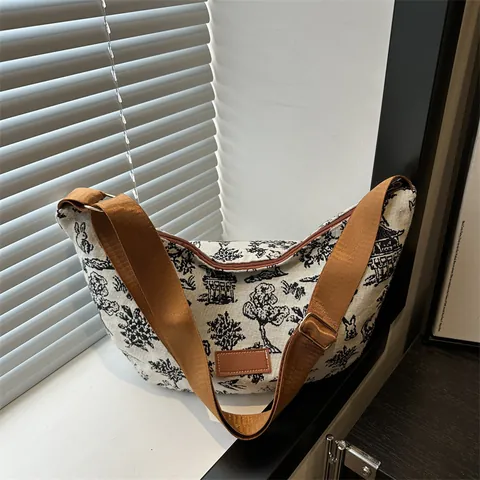 Vintage Chinesischer Stil Landschaft Druck Segeltuch Umhängetasche Damen Großes Kapazität Tote Crossbody Tasche Mit Niedlichen Panda Anhänger