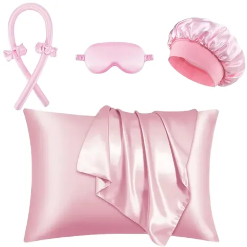Boucleur à Cheveux Sans Chaleur Satin Bonnet de Nuit Masque Yeux Taie d'Oreiller Chouchous Femme Outils Coiffure Bandeau